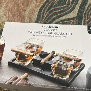 Brookstone Black Serving Tray Whiskey Cigar Glass Set with Clear Glasses